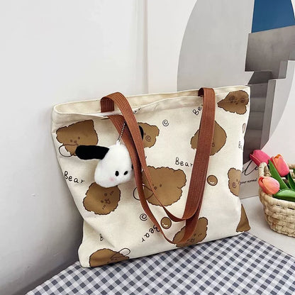 MINISO Snoopy Canvas Bag — Women’s Large Capacity Cartoon Handbag, Multi-Purpose Shoulder Tote with Hanging Accessory