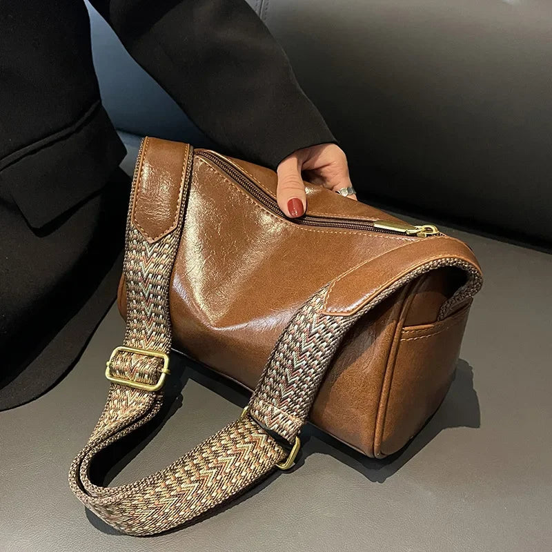 Vintage PU Leather Boston Handbag – Small Women’s Crossbody Purse for Casual Travel & Fashion