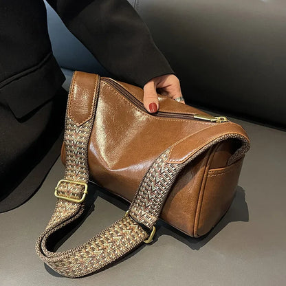 Vintage PU Leather Boston Handbag – Small Women’s Crossbody Purse for Casual Travel & Fashion