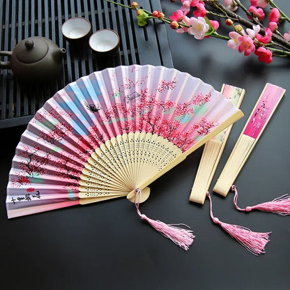 Chinese Japanese Silk Folding Fan with Wooden Shank - High-Quality Tassel Elegance for Home Decoration and Classical Dance