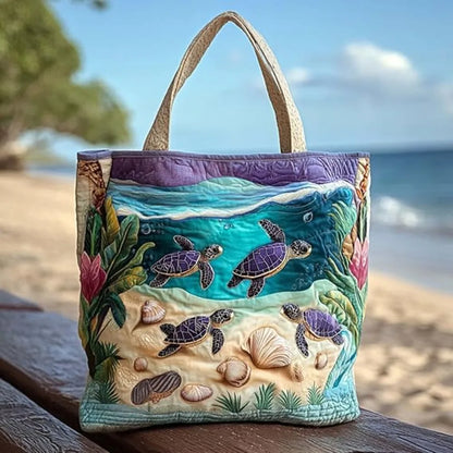 Turtle Print Quilted Tote Bag - Large Capacity Soft Canvas Shoulder Bag with 3D Ocean Turtle Design