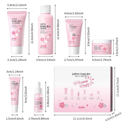 6PCS Sakura Skincare Set – Face Cream, Serum, Toner, Cleanser, Sunscreen & Eye Cream in Gift Box