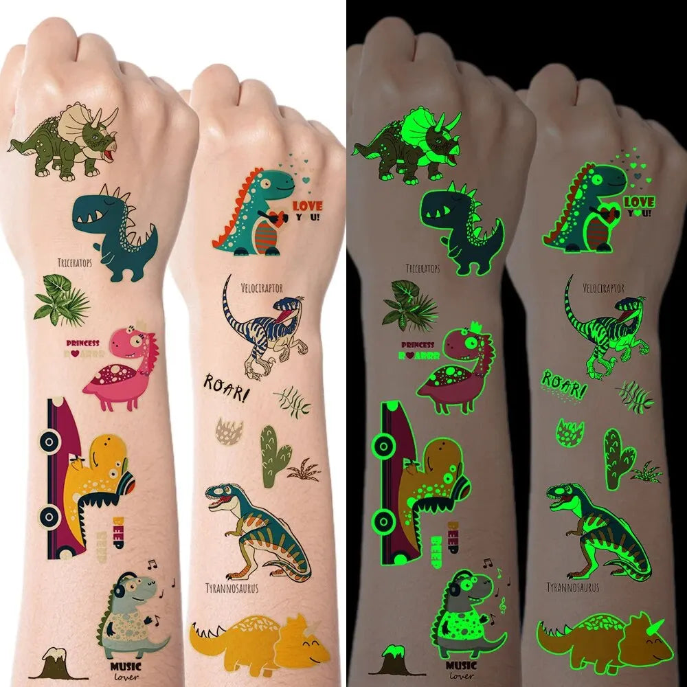 10-Piece Luminous Dinosaur & Animal Temporary Tattoos – Glow-in-the-Dark Waterproof Stickers for Kids, Arm & Body Art