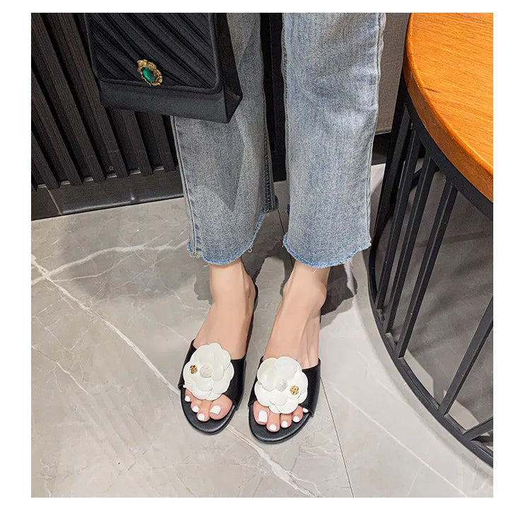 Luxury Women’s Flower Slippers — Camellia Open-Toe Slides for Home & Outdoor, Ladies Flip Flop Sandals