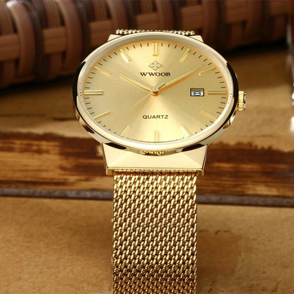 WWOOR Men’s Slim Watch – Luxury Brand Gold Steel Mesh, Ultra-Thin, Waterproof Date Wrist Watch, Golden Clock with Box