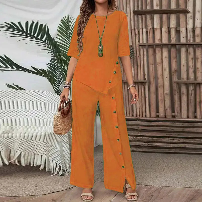 Women's Irregular Hem Two-Piece Set - Elegant Short-Sleeve Button Shirt & Loose Casual Trousers Outfit