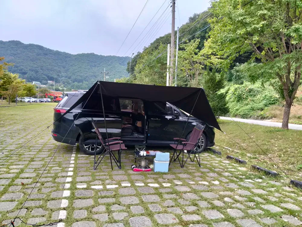 Manta Ray Car Side Awning – Black Coating Waterproof Tarp with Suction Cup Anchor for SUV Camping & Shade