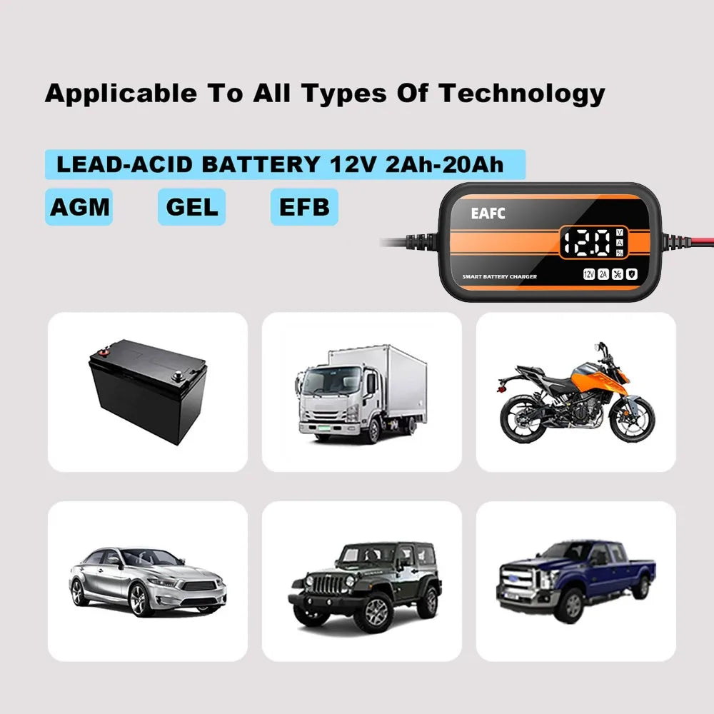 12V Smart Car Battery Charger – Digital Display Lead-Acid Battery Maintainer and Repair Charger for Cars, SUVs, and Motorcycles (2Ah–20Ah)