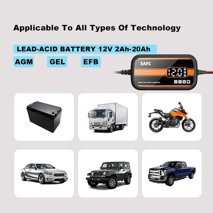 12V Smart Car Battery Charger – Digital Display Lead-Acid Battery Maintainer and Repair Charger for Cars, SUVs, and Motorcycles (2Ah–20Ah)