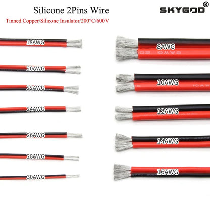 1/2/5M Copper Silicone Rubber Wire – Flexible 30 to 10 AWG 2-Pin DIY LED Connector Cable, Black & Red