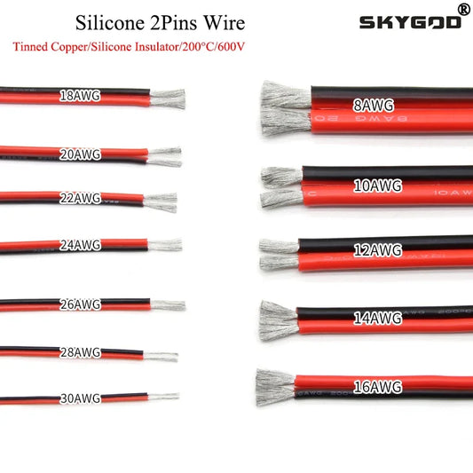 1/2/5M Copper Silicone Rubber Wire – Flexible 30 to 10 AWG 2-Pin DIY LED Connector Cable, Black & Red