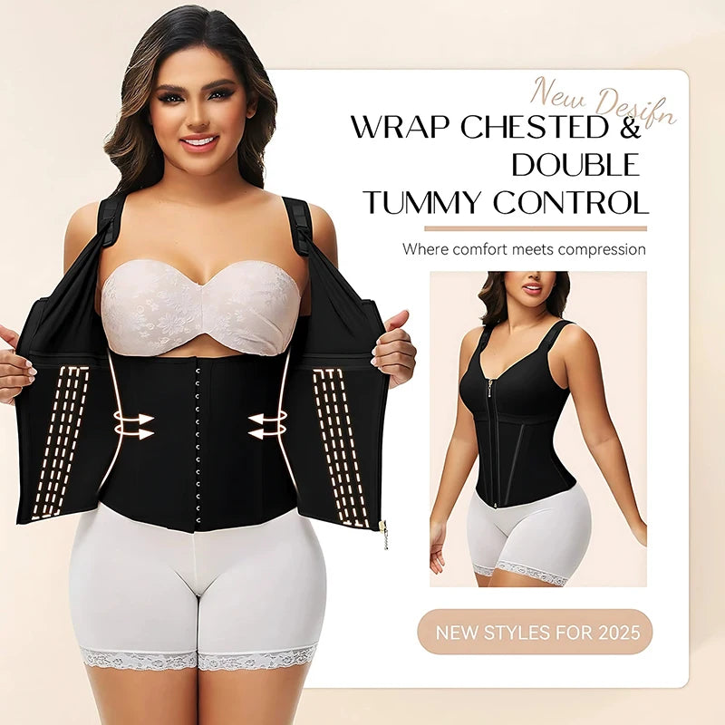 Double Compression Waist Trainer Corset – 17 Steel Bone Body Shaper Vest Bra, Flat Belly Slimming Fajas Colombianas