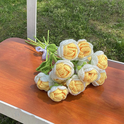 Tulip & Sunflower Knitting Flower Bouquet – Handcrafted Crochet Carnations, DIY Handmade Fake Flowers for Decor