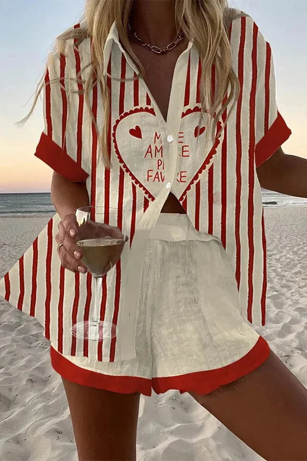 Women’s Summer 2-Piece Set – Lapel Short-Sleeve Shirt & Shorts, Elegant Loose Printed Outfit