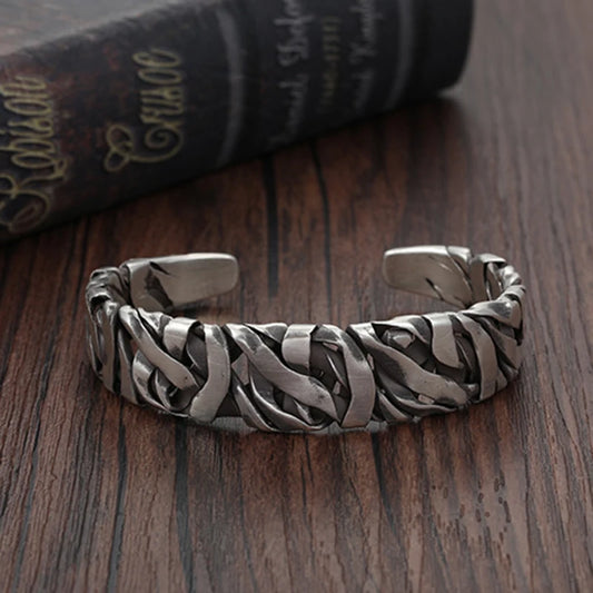 925 Sterling Silver Wide Geometric Bangle - Punk Irregular Bracelet for Men and Women - Fashion Jewelry Gift