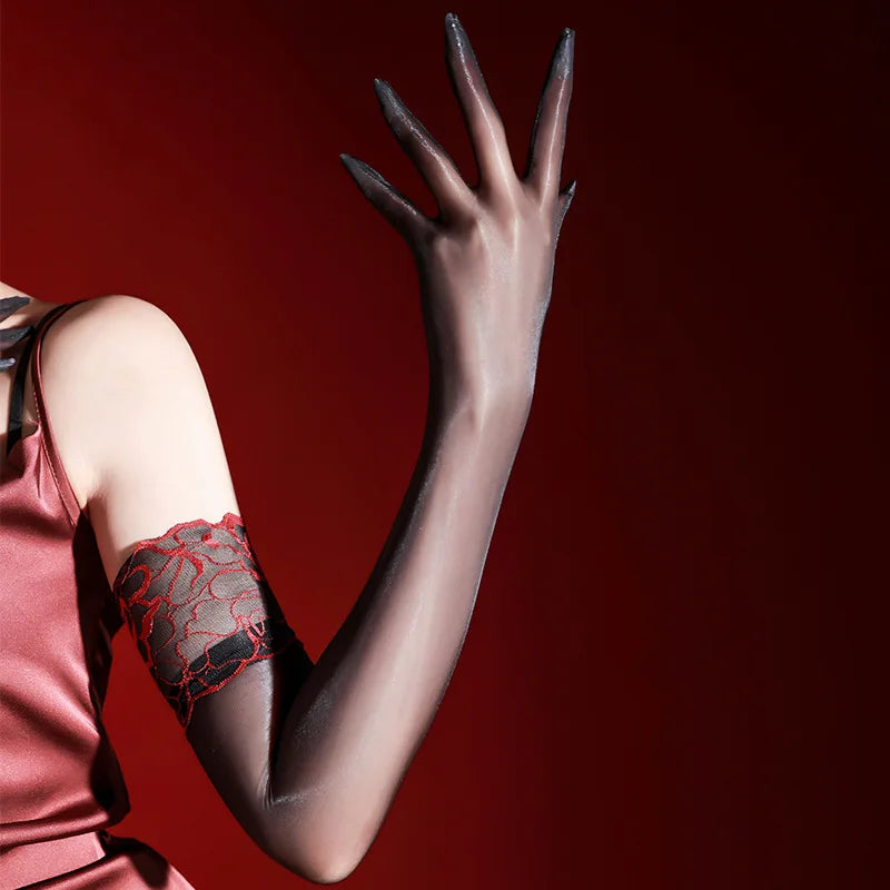 Ultra-Thin Aurora Lace Cuff Long Gloves for Women – Sheer Sexy Stretch Five-Finger Nightclub Cosplay Costume Accessories