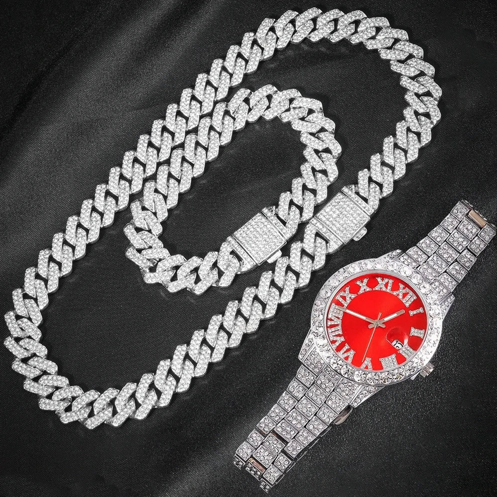 3pcs Men’s Cuban Chain Watch & Jewelry Set – Hip Hop Miami Curb Iced Out Rhinestone Necklace, Suit Watch & Bracelet