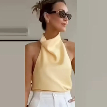 HXAO Women’s Satin Halter Top – Summer 2025 Black & Yellow Crop Tank, Off-Shoulder Sleeveless Backless Vest