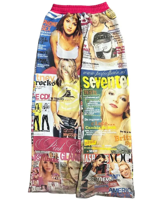 Y2K Newspaper Print Wide-Leg Pants - Retro Vintage Casual Streetwear Trousers