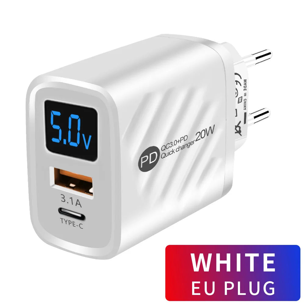 20W USB-C PD Fast Charger with Digital Display - Type C Wall Charging Adapter for iPhone, Samsung, Xiaomi, Huawei