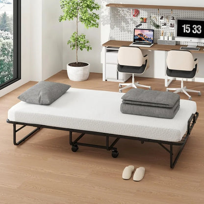 Foldable Twin Size Rollaway Bed with Mattress – Space Saving Portable Guest Bed with Memory Foam, Adult Folding Bed for Home & Travel