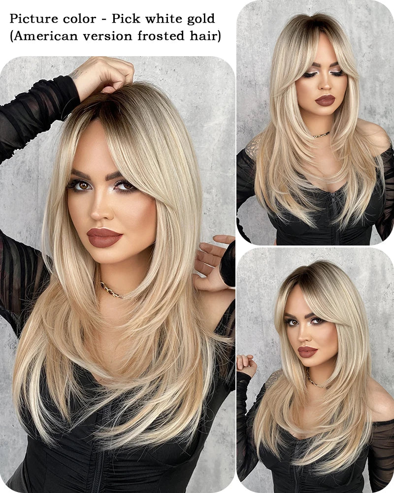 7JHH Honey Blonde Wig with Bangs - Long Brown Layered Heat Resistant Synthetic Wig for Women, Daily Use