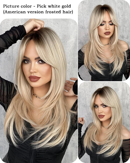 7JHH Honey Blonde Wig with Bangs - Long Brown Layered Heat Resistant Synthetic Wig for Women, Daily Use