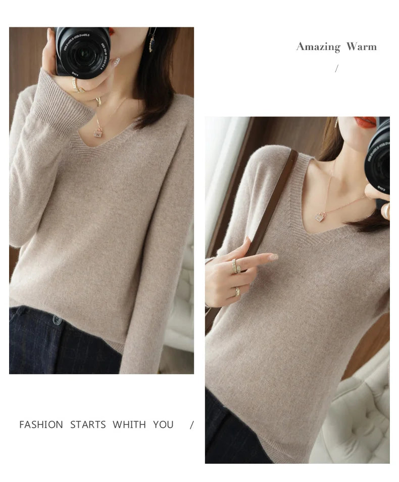 New Women’s Cashmere V-Neck Pullover – Lace Hollow Out Long Sleeve Knitted Sweater for Fall & Winter
