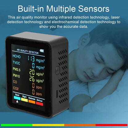 6-in-1 Air Quality Monitor - Multifunctional Indoor Air Detector with Automatic Display for Home & Office