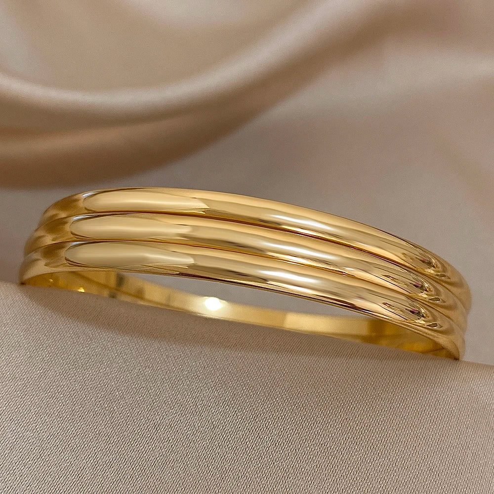 3-Piece 18K Gold-Plated Stainless Steel Bangle Set - Minimalist Glossy Waterproof Bracelets for Women
