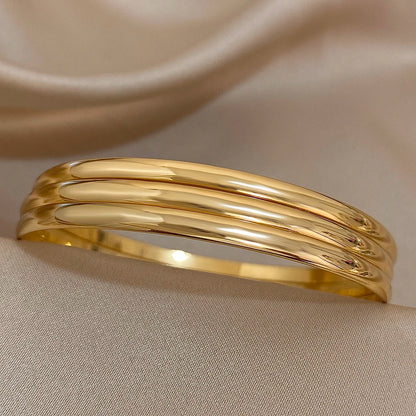 3-Piece 18K Gold-Plated Stainless Steel Bangle Set - Minimalist Glossy Waterproof Bracelets for Women