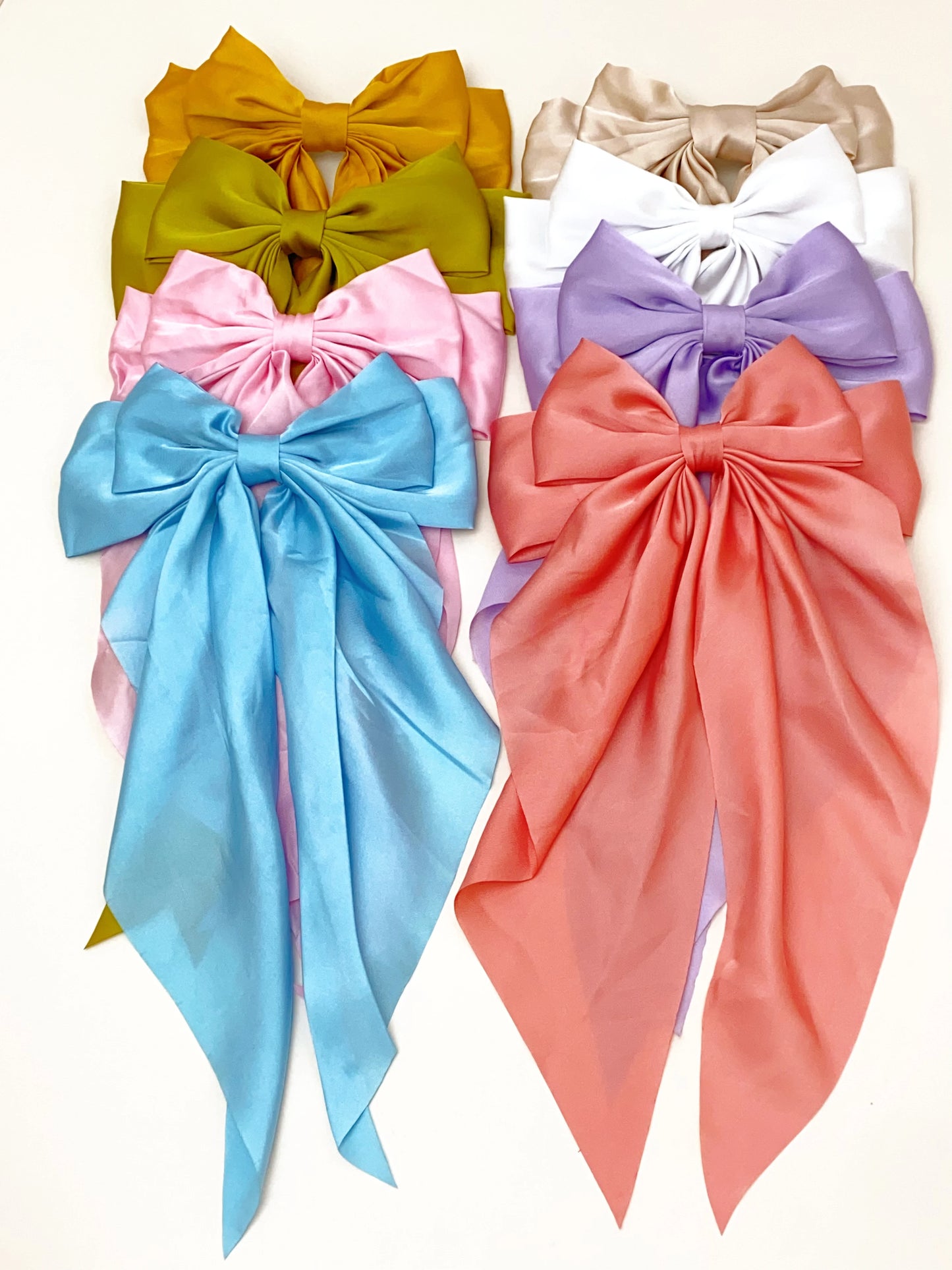 8 Ladies Satin Ribbon Bow Hair Clips – Oversized White, Pink, Red, Blue, Black Long Tail, Spring Clip for Ponytail Hair Accessories