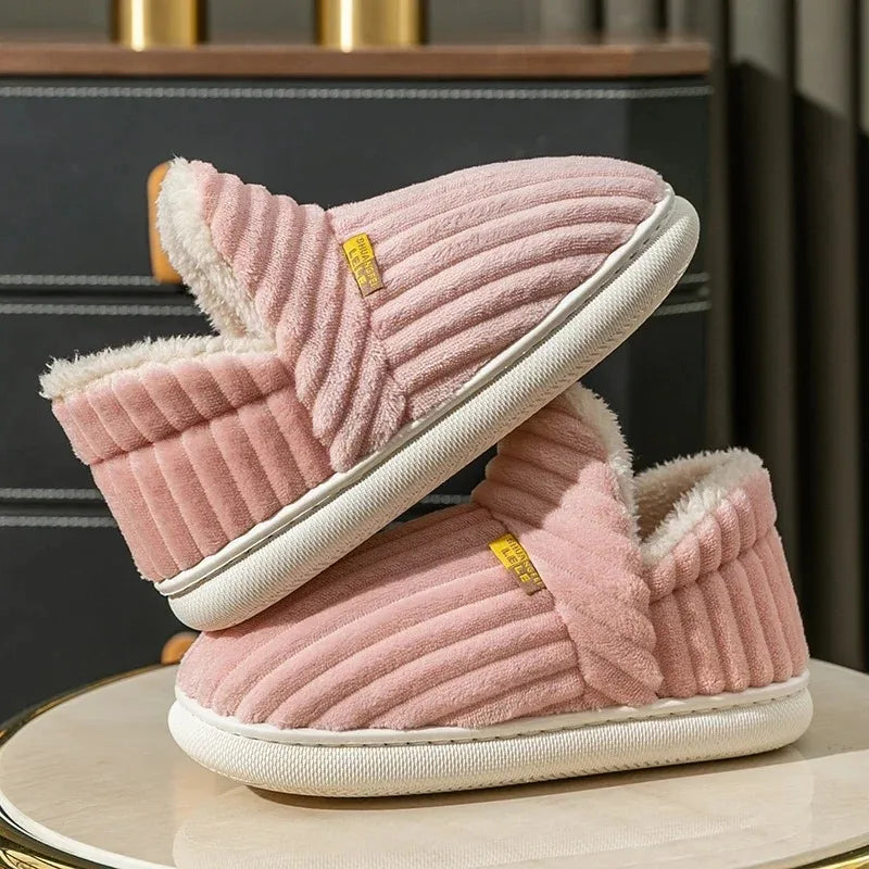 Winter Couple Striped Plush Slippers – Soft Non-Slip Warm Cotton Home Shoes for Men & Women