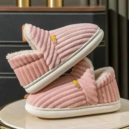 Winter Couple Striped Plush Slippers – Soft Non-Slip Warm Cotton Home Shoes for Men & Women