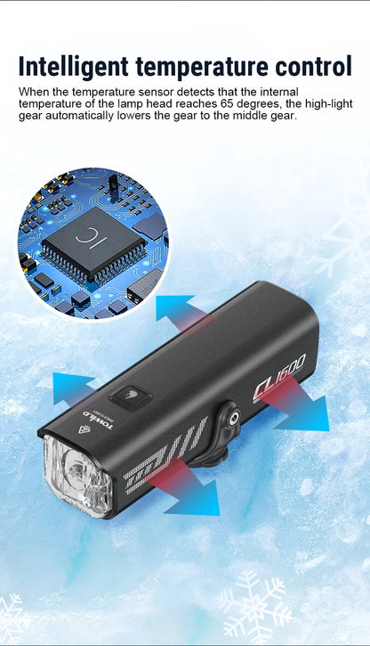 TOWILD 1600LM Bicycle Front Light — 5000mAh IPX6 Aluminum MTB & Road Bike Headlight with Type-C Charging