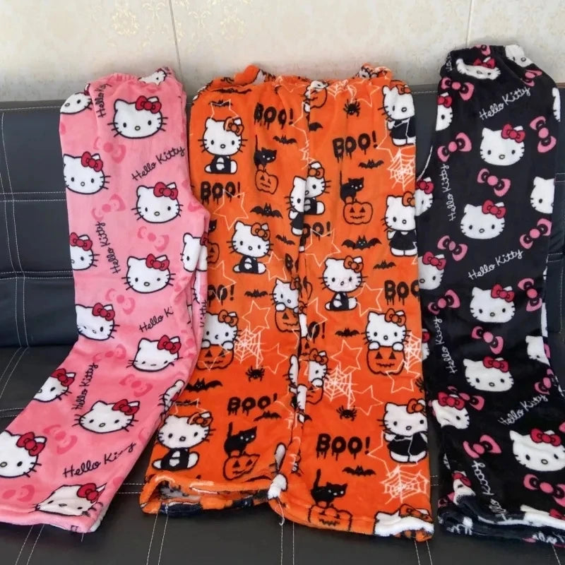 2024 Sanrio Hello Kitty Pajamas – Halloween Flannel Fashion Trousers for Women, Kawaii Woolen Anime Cartoon Casual Home Pants