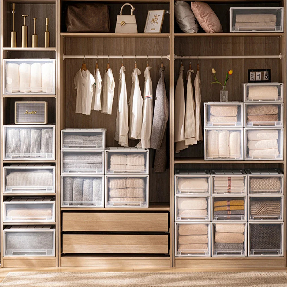 Wardrobe Storage Box – High-Capacity Transparent Stackable Drawer Container for Household Organization