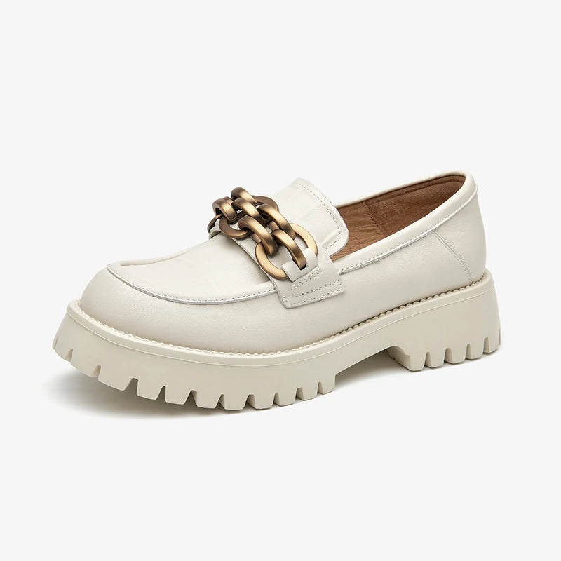BeauToday Women’s Chunky Loafers – Genuine Leather Platform Slip-On Flats with Round Toe and Metal Chain, Handmade 27748