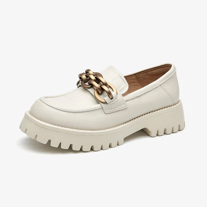 BeauToday Women’s Chunky Loafers – Genuine Leather Platform Slip-On Flats with Round Toe and Metal Chain, Handmade 27748