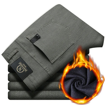 Winter 2025 Men’s Fleece Pants – Thick Slim Fit Velvet Trousers, Warm Elastic Business Casual Plush Pants