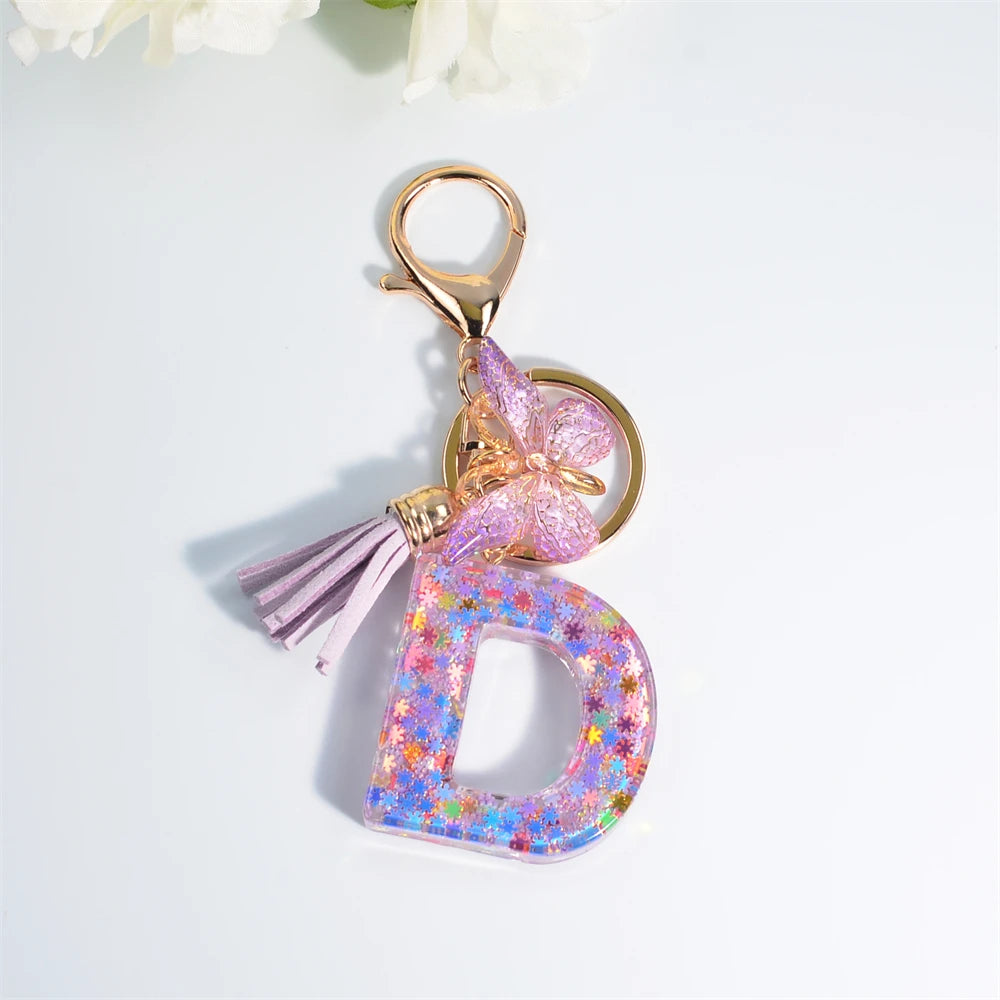 A-Z Sequin Initial Keychain - Dreamy Butterfly Tassel Pendant Bag & Purse Charm for Women
