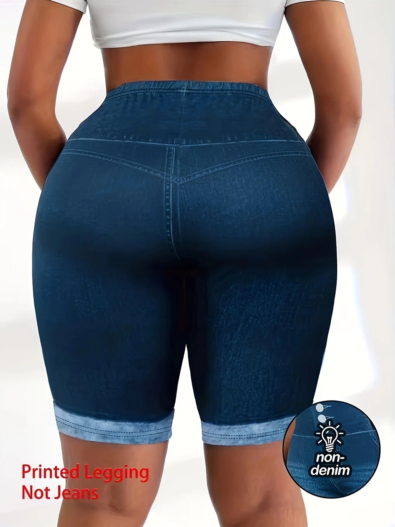 Plus Size Tummy Control Biker Shorts - High Waist 3-Button Faux Denim Cycling Shorts for Curvy Women