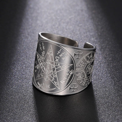 Witchcraft Pentagram Tetragrammaton Ring - Stainless Steel Pentacle Protection Amulet Ring for Men