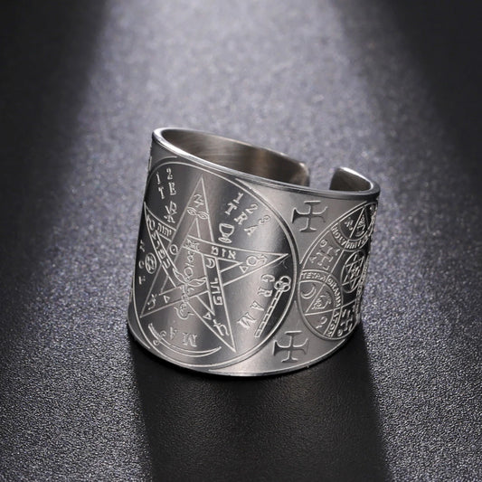 Witchcraft Pentagram Tetragrammaton Ring - Stainless Steel Pentacle Protection Amulet Ring for Men