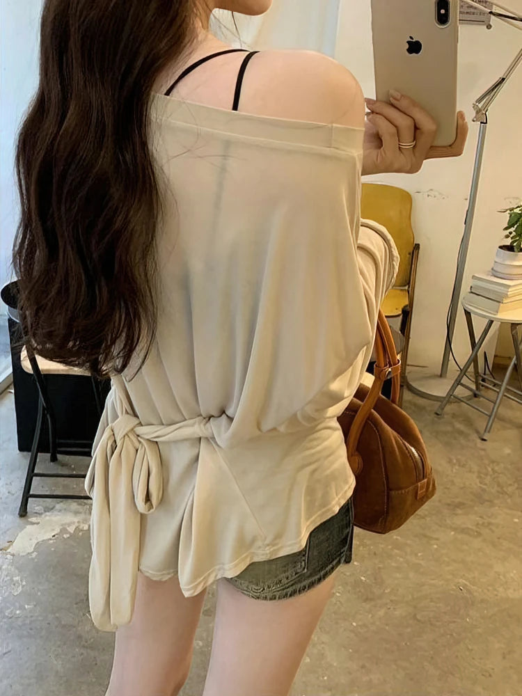 Women's Oversize See-Through Long Sleeve T-Shirt – Sexy Off-Shoulder Back Bandage Korean Chic Top