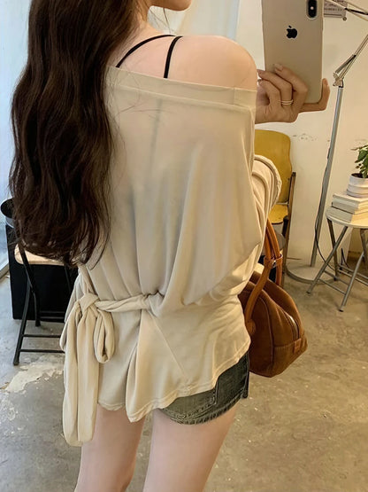 Women's Oversize See-Through Long Sleeve T-Shirt – Sexy Off-Shoulder Back Bandage Korean Chic Top