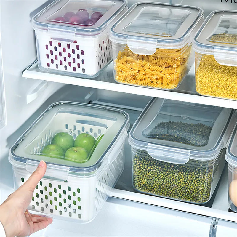 Refrigerator Storage Box – Fridge Organizer for Fresh Vegetables and Fruits, Drain Basket Storage Containers for Kitchen
