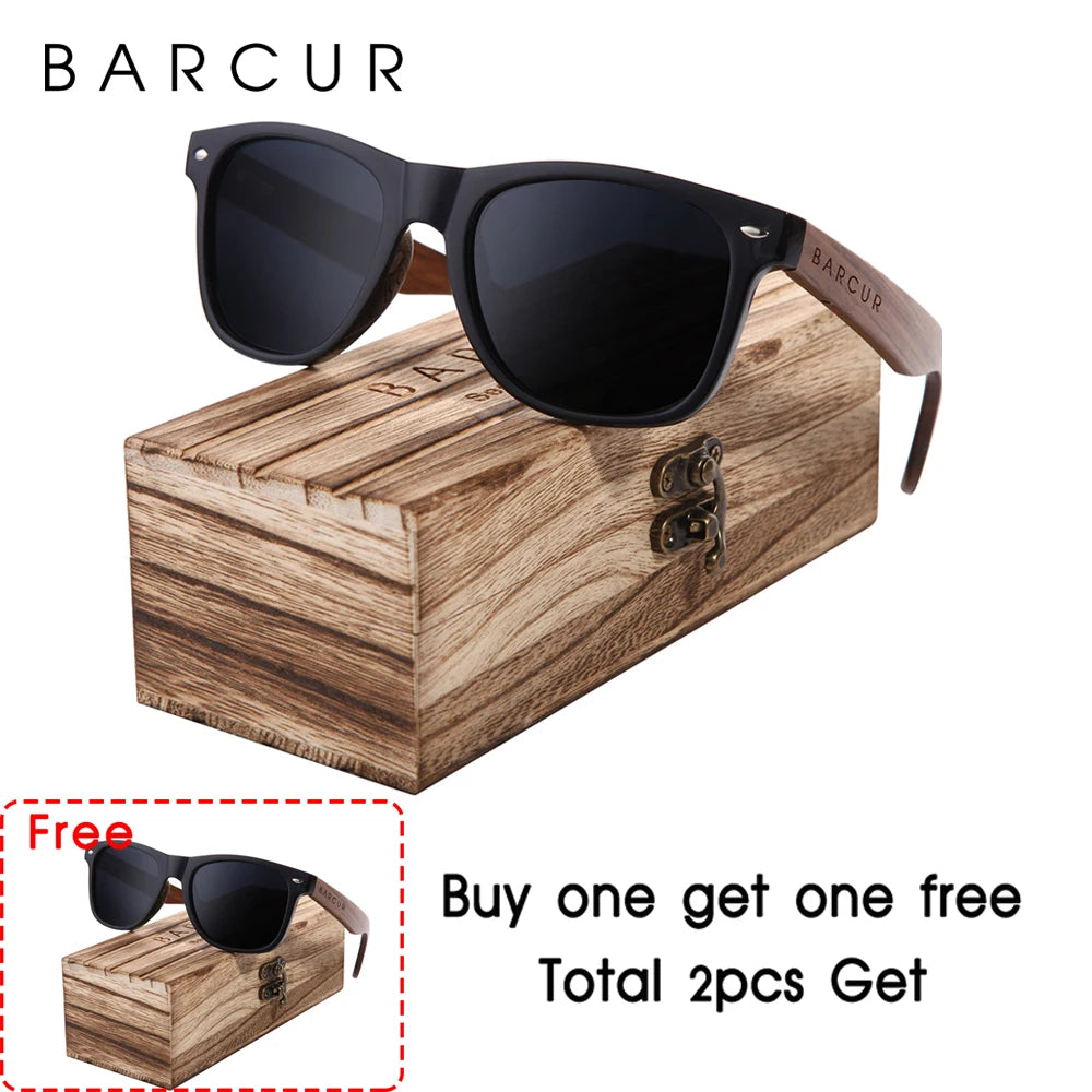 BARCUR Black Walnut Wood Polarized Sunglasses for Men – High-Quality Square UV400 Eyewear with Original Box
