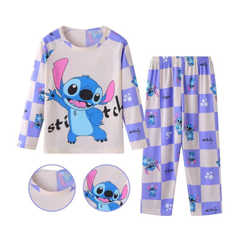 New Spring Children’s Pajama Set – Stitch & Angel Long-Sleeve Sleepwear with Pants for Boys & Girls