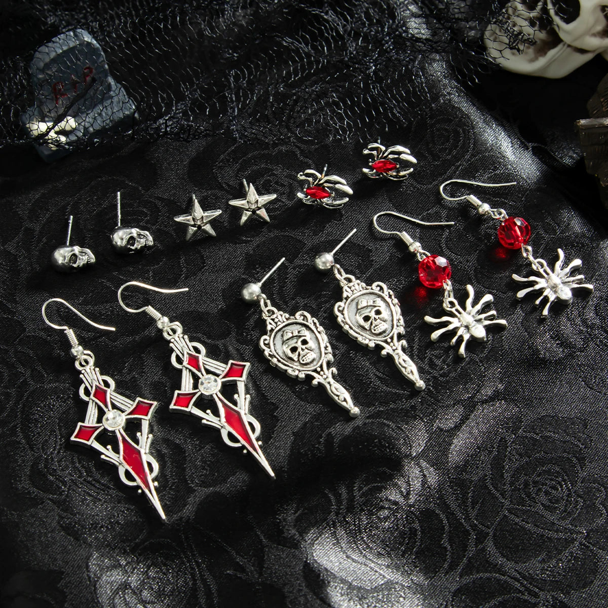 Halloween Crystal Skull Spider Drop Earrings - Gothic Red Crystal Cross and Rose Metal Earrings for Women